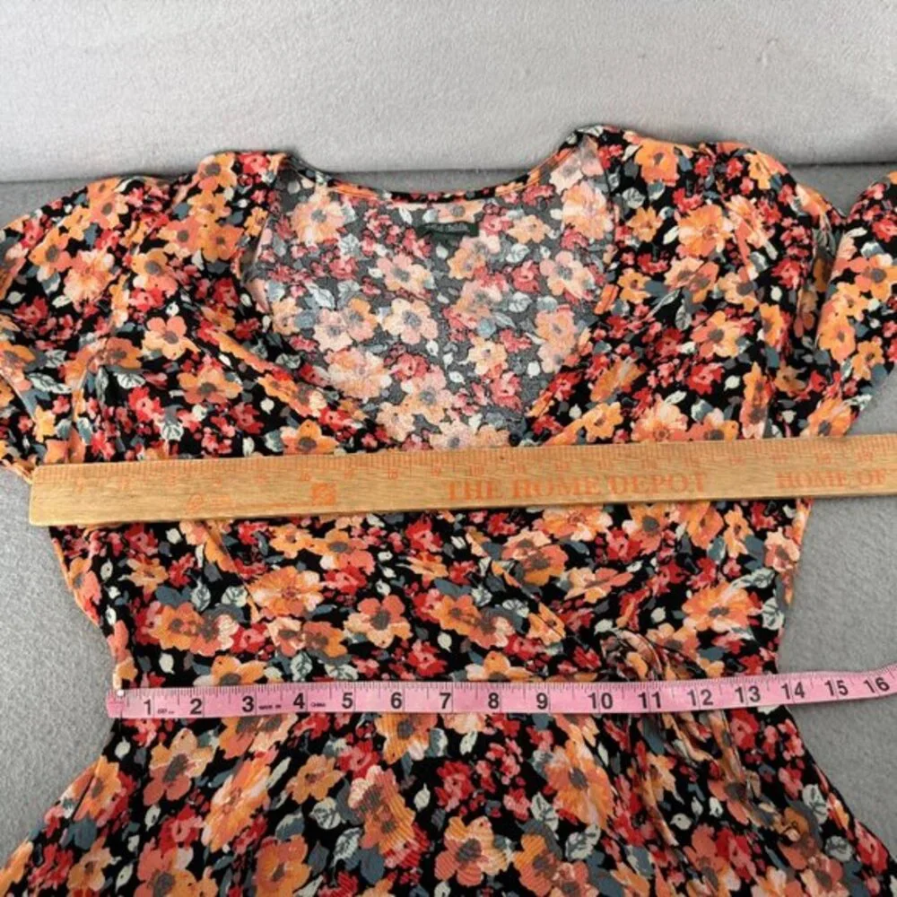 Wild Fable‎ Mini Faux Wrap Dress Womens M Orange Black Ditsy Print Whimsigoth